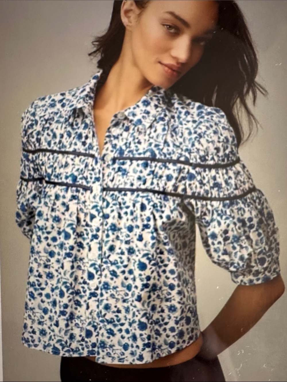 Maeve The Leandra Shirred Yoke Floral Puff-Sleeve Cropped Blouse Sz Large